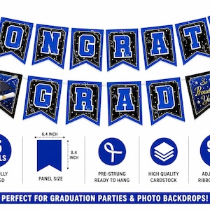 Puede incluir: Una pancarta de graduación azul y negra con las palabras "CONGRATS GRAD" en letras blancas. La pancarta incluye 15 paneles, cada uno de 16,26 cm de ancho y 21,34 cm de alto, con una longitud de cinta ajustable de 2,99 metros. La pancarta está pre-ensartada y lista para colgar.