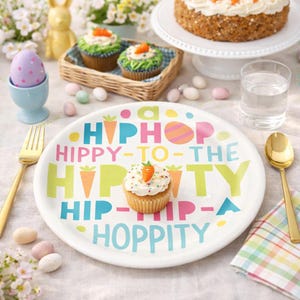 Hippity Hop Easter Plastic Plate – 9.5” Round Reusable (Plastic) Party Plate – Colorful Happy Easter Kids Plate – Spring Party Tableware