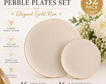 Juego de platos de plástico con diseño de guijarros de lino sólido / Vajilla desechable de 32 piezas con borde dorado / Platos elegantes de color beige para fiestas, bodas y despedidas de soltera