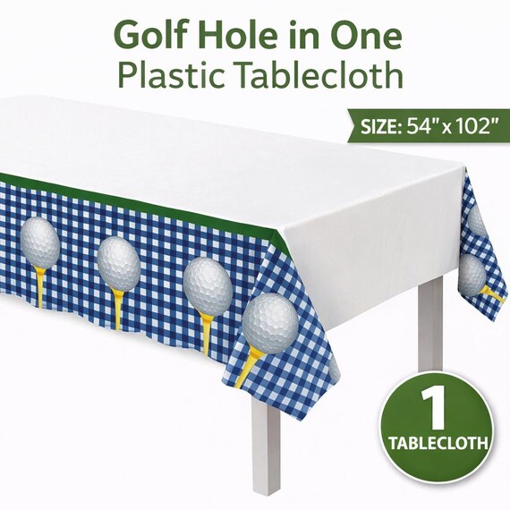Golf Hole-in-One Tischdecke - Blau Vichy Karo Bordüre, 134cm x 102cm Plastiktischdecke