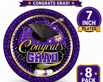 Purple Graduation Party Plates 7in, 8 Pack, Congrats Grad Plates, Purple and Gold Graduation Decor, Disposable Dessert Plates