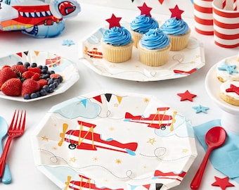 Platos pequeños de avión vintage de 18 cm, suministros para fiesta de cumpleaños de avión, fiesta infantil con temática de piloto, decoración de baby shower de avión (juego de 8)