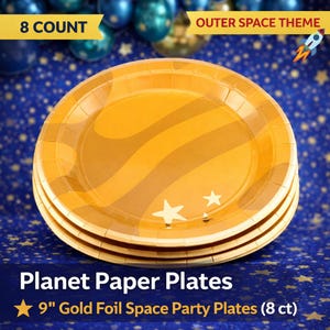 May include: A stack of gold foil paper plates with a space theme. Each plate has a wavy design and white stars. The plates are 9 inches in diameter and are labeled "Planet Paper Plates" and "Outer Space Theme".