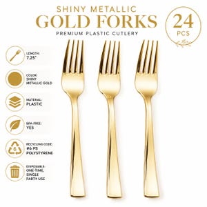 May include: A set of 24 shiny metallic gold forks made of premium plastic. Each fork measures 7.25 inches in length. The product is BPA-free, made of #6 PS polystyrene, and designed for one-time, single party use. The text reads SHINY METALLIC GOLD FORKS.