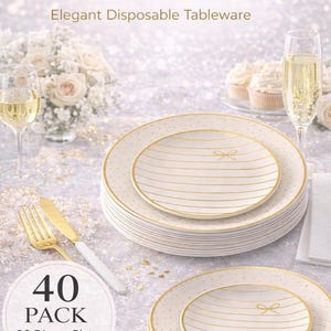 Leinen und Gold Kunststoff Teller Set | 40er Pack Bow & Dot Abend- und Salatteller | Elegantes Einweg Geschirr