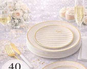 リネンとゴールドのプラスチックプレートセット｜リボンとドット柄のディナープレートとサラダプレート40枚入り｜エレガントな使い捨て食器