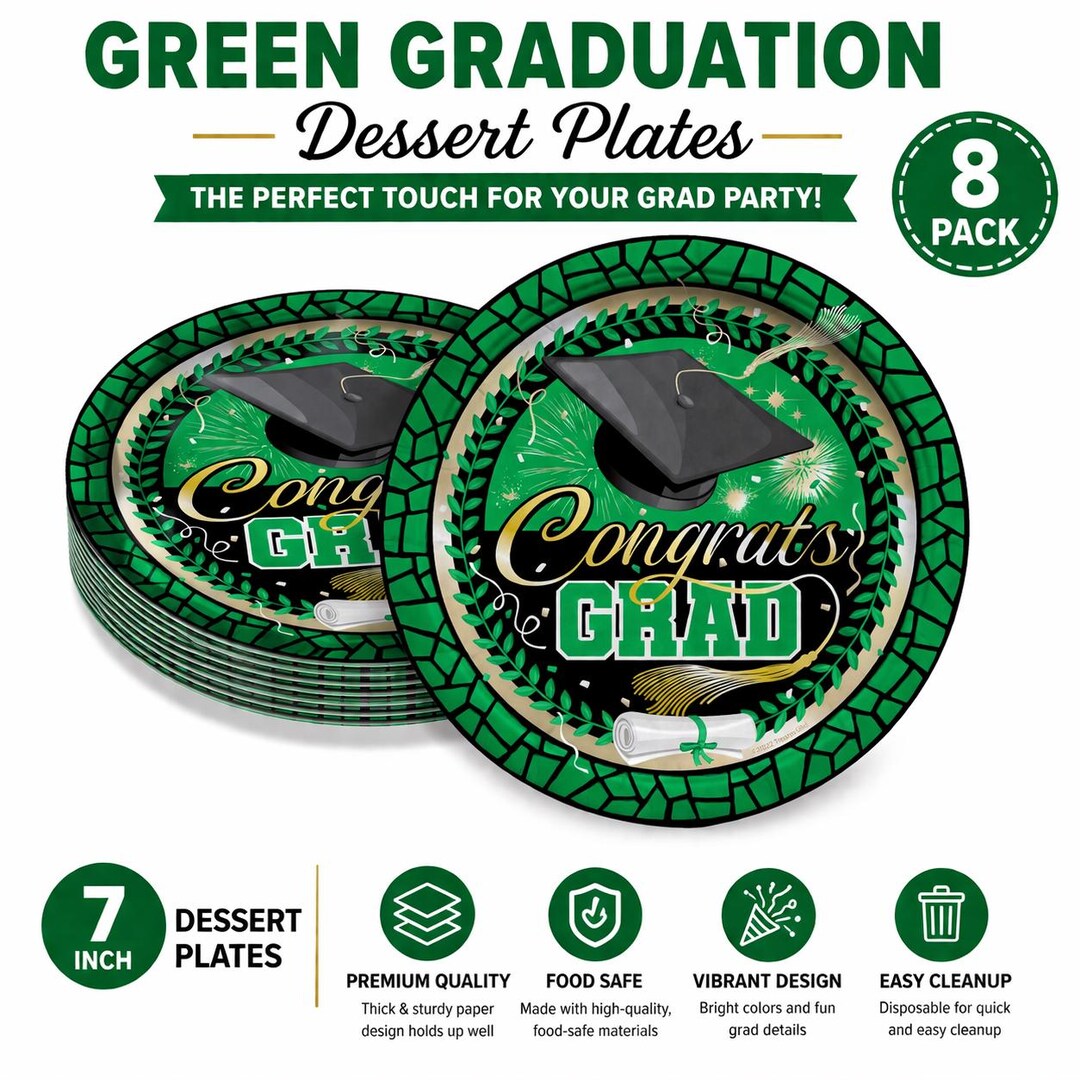Grad Plate Green Graduation Party Plates 7in, 8 Pack, Congrats Grad Plates, Green ...
