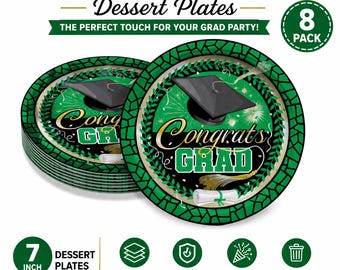 Green Graduation Party Plates 7in, 8 Pack, Congrats Grad Plates, Green and Gold Graduation Decor, Disposable Dessert Plates