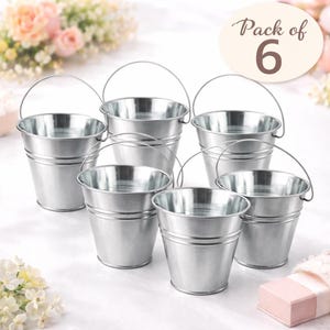 Puede incluir: Seis pequeños cubos de metal galvanizado plateado, con asas arqueadas. El texto "Pack of 6" se muestra encima. Los cubos están sobre una superficie blanca. Cada cubo mide aproximadamente 8 cm de altura.