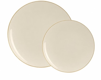 Creme Off White with Gold Trim Classy Round Plastic Plates