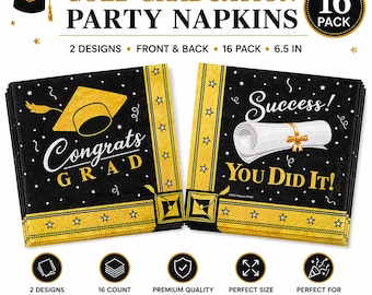 Gold Graduation Party Napkins 16 Pack, Congrats Grad Napkins, Black and Gold Graduation Decor, 2 Designs Front & Back Beverage Napkins