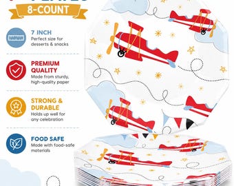 Assiettes de fête avion 7 pouces - assiettes à dessert vintage rouges pour anniversaire d'avion, 8 assiettes en papier pour soirée à thème aviation