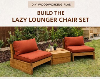 レイジーラウンジャーチェアの設計図（PDF）、DIY屋外家具の設計図、木製ラウンジチェアセット、パティオチェアの製作、ファームハウススタイルの屋外座席設計図
