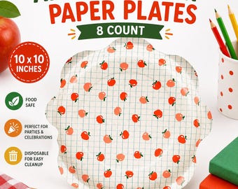 Apple Pattern Paper Plates | Back to School Plates | Apple Shaped Paper Plates | Teacher Appreciation Party Supplies | 8 Count 10x10 Plates