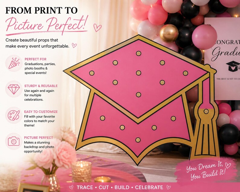 Traceable Grad Cap Graduation Cap Template SVG Bundle | Printable Tiled Foam Board Prop ...