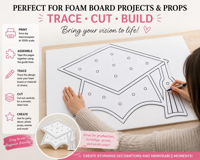 Traceable Grad Cap Graduation Cap Template SVG Bundle | Printable Tiled Foam Board Prop ...