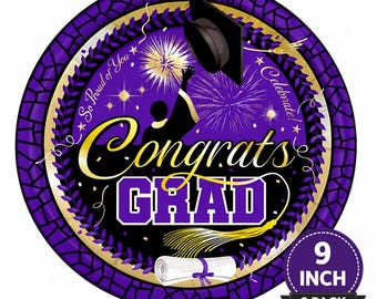 Purple Graduation Party Plates 9in, 8 Pack, Congratulations Graduate Plates, Purple and Gold Graduation Decor, Dinner Party Plates
