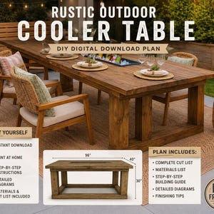 Rustic Outdoor Cooler Table Plans | DIY Farmhouse Dining Table with Built-In Ice Cooler | Woodworking Plans | Patio Table Planter Table