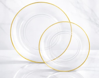 Genomskinliga plasttallrikar med gulddetaljer