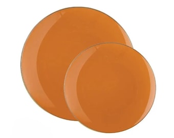 Platos redondos de plástico elegantes de cuero naranja con ribete dorado