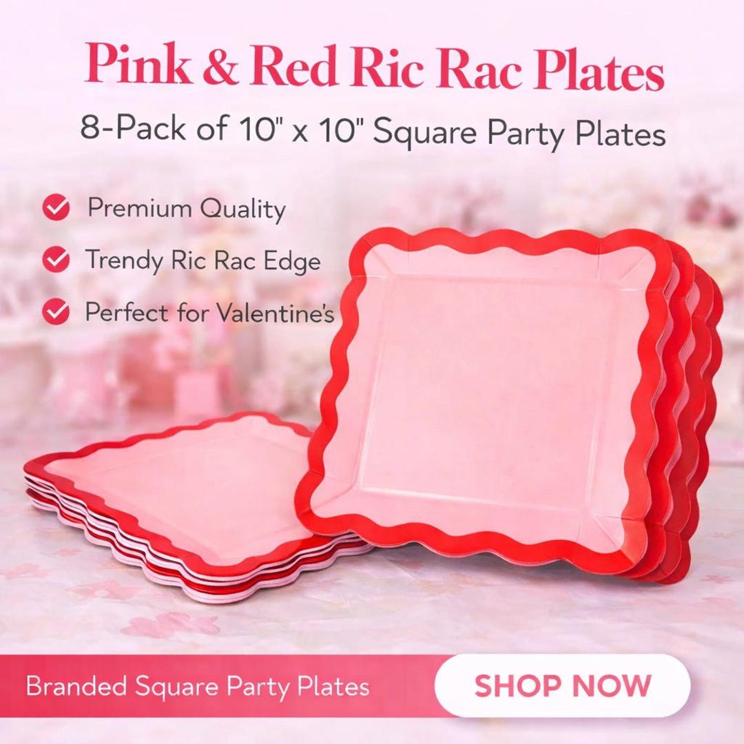 Pink & Red Ric Rac Plates – 10x10 Square Party Plates, Valentine’s Day ...