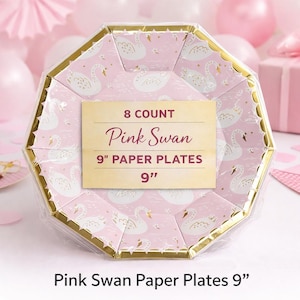 May include: Pink paper plates with a swan pattern and gold trim. The plates are 22.86 cm in diameter and come in a pack of 8. The text on the label reads "Pink Swan 9" Paper Plates".