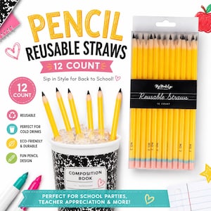 May include: A set of 12 yellow pencil-shaped reusable straws in a clear plastic box, with additional straws placed in a black and white composition book patterned cup filled with ice. The text reads PENCIL REUSABLE STRAWS 12 COUNT and My Mind's Eye.