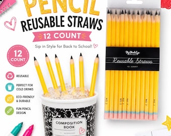 Pencil Reusable Straws – 12 Count | Back to School Straws | Pencil Birthday Decorations | Teacher Appreciation | Classroom Party Supplies