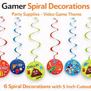 May include: Set of six Gamer Spiral Decorations with 5-inch cutouts. Each spiral is red, blue, or green, with a circular cutout featuring video game-themed graphics and text like "LEGEND!" and "CHILLIN'".