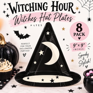 May include: A black witch hat-shaped plate featuring a cream-colored crescent moon and star design. The text reads Witching Hour Witches Hat Plates, 8 Pack, 9 inches by 9 inches, Perfect for your Halloween parties, and Spooky and Stylish.