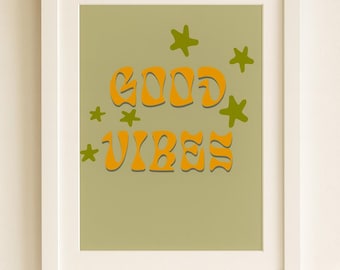 Good Vibes Retro Wall Art Printable | 70s Groovy Art | Boho Positive Quote | Digital Download