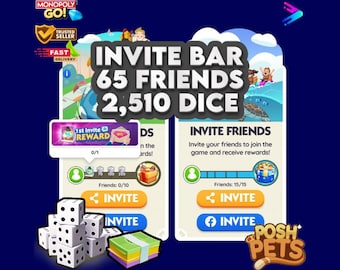 Monopoly GO Invite Bar Fill – 2,510 Dice, Purple Pack, Token & Shield