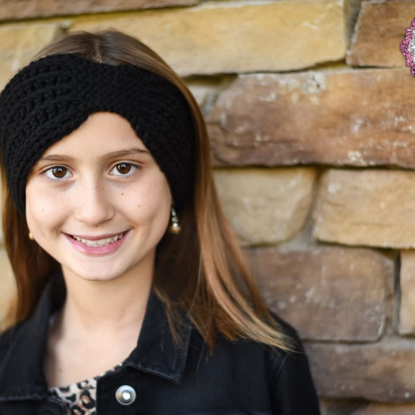 crochet ribbed winter head wrap for girls and women in black - fall cinched head band - handmade gifts