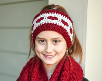 Crochet Valentine head wrap - heart ear warmers for girls teens and women - Valentine headband - winter head wrap with hearts