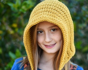 mustard winter pixie hood for girls and women - crochet bonnet