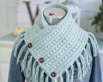 crochet fringe scarf- women's fringe cowl - winter cowl - neck scarf - handmade cowl - gift for her - mint green - malia button scarf -