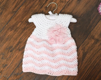 pink baby girl dress - crochet baby dress - chevron baby dress - handmade baby dress - newborn baby girl dress - party dress for baby girl