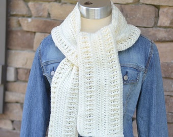 women's ivory scarf - neck warmer - women's crochet scarf - ivory scarf - extra long scarf - textured scarf - winter scarf - ready to ship