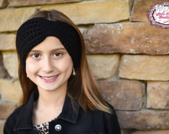 crochet ribbed winter head wrap for girls and women in black - fall cinched head band - handmade gifts