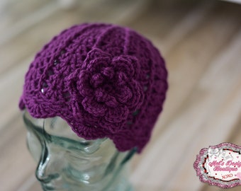 Girls crochet cloche beanie hat - girls purple flower hat