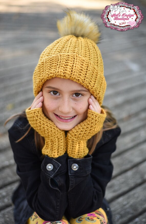 Mustard Colored Crochet Hat and Glove Set - Winter Hat and 