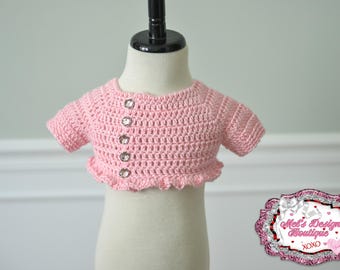 12 month pink ruffle baby sweater - baby shrug - crochet cropped sweater - birthday sweater - easter sweater - ready to ship