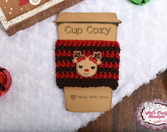 crochet travel cup cozy with reindeer feltie - cup sweater - coffee cozy - christmas cozy - teacher gift - holiday cozy