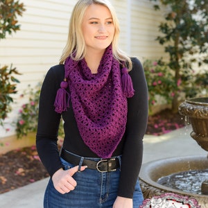 women's crochet winter triangle scarf - women's crochet purple shawl - fiesta triangle scarf - crochet tassel scarf
