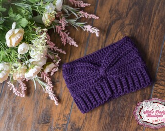 Crochet purple messy bun hat - ribbed winter head wrap - handmade gift for her - open top hat - eggplant headband - girl's head wrap