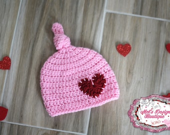 Crochet knot hat for babies , Valentine hat for baby girl , pink crochet heart hat , crochet baby beanie for Valentine's Day , ready to ship