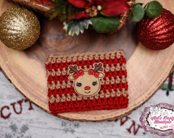 crochet travel cup cozy with reindeer feltie - cup sweater - coffee cozy - christmas cozy - teacher gift - holiday cozy