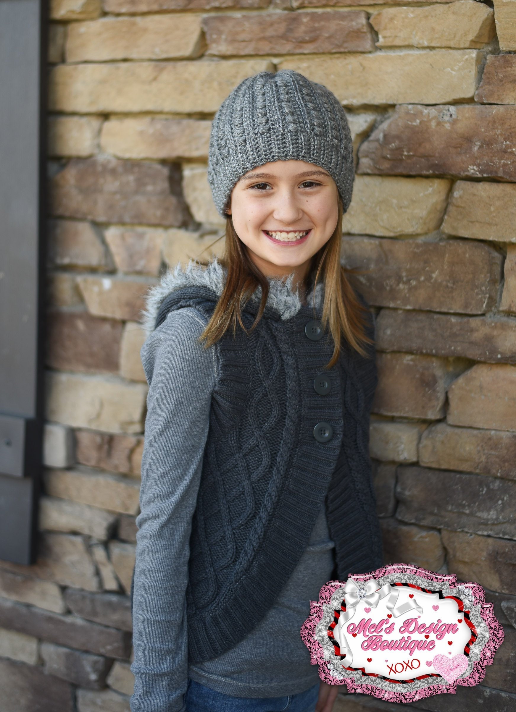 Malia Beanie Crochet Hat Girls Grey 