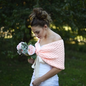 Crochet blush bridal shawl - peach bridal wrap - wedding shrug in peach - winter wedding wrap - bridesmaid cover up