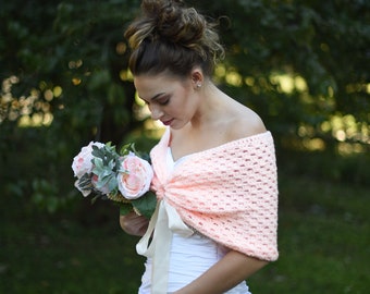 Crochet blush bridal shawl - peach bridal wrap - wedding shrug in peach - winter wedding wrap - bridesmaid cover up